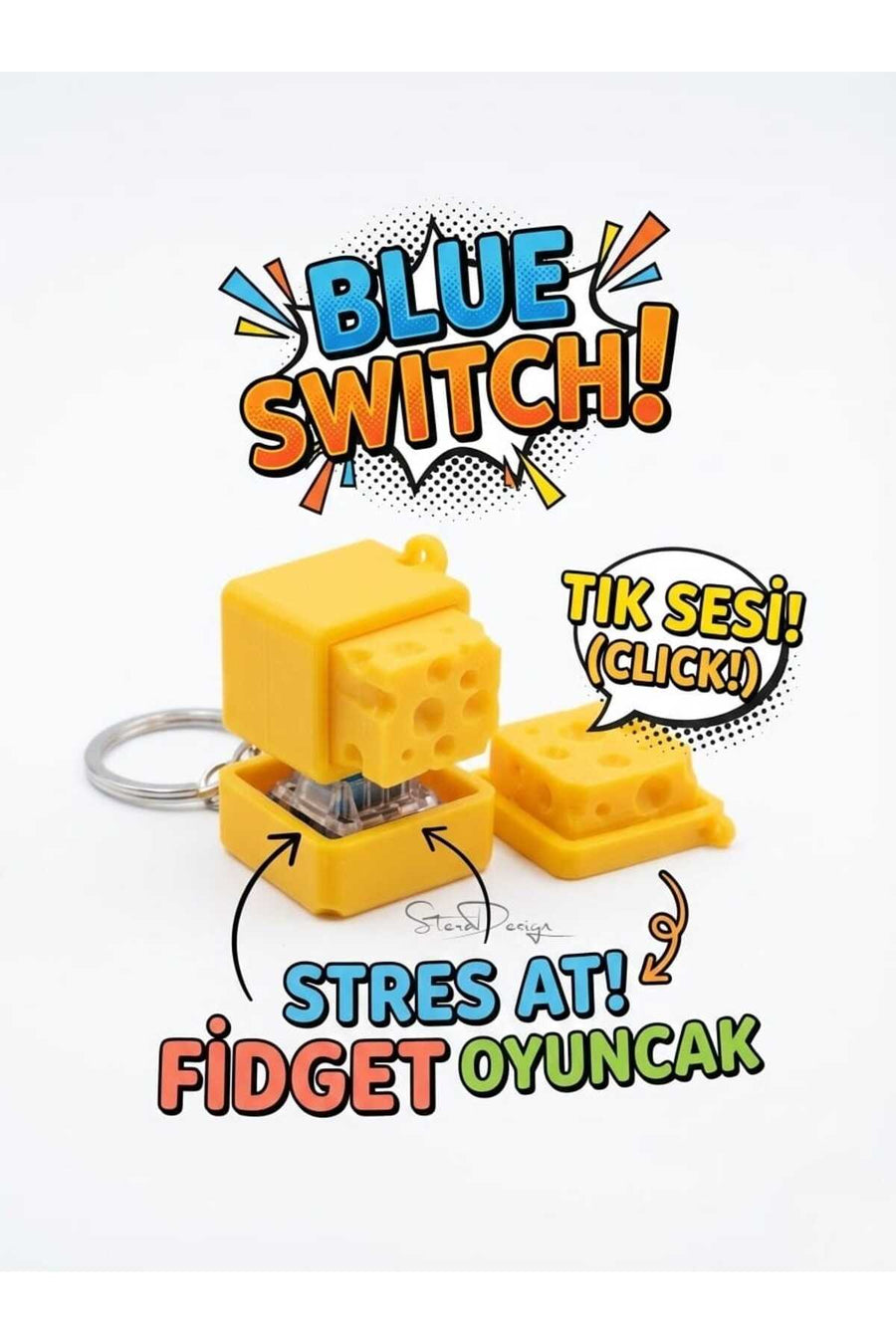 Peynir Tasarımlı Mekanik Klavye Blue Switch Anahtarlık Hediyelik - Sesli Stres Oyuncağı (Fidget Toy)