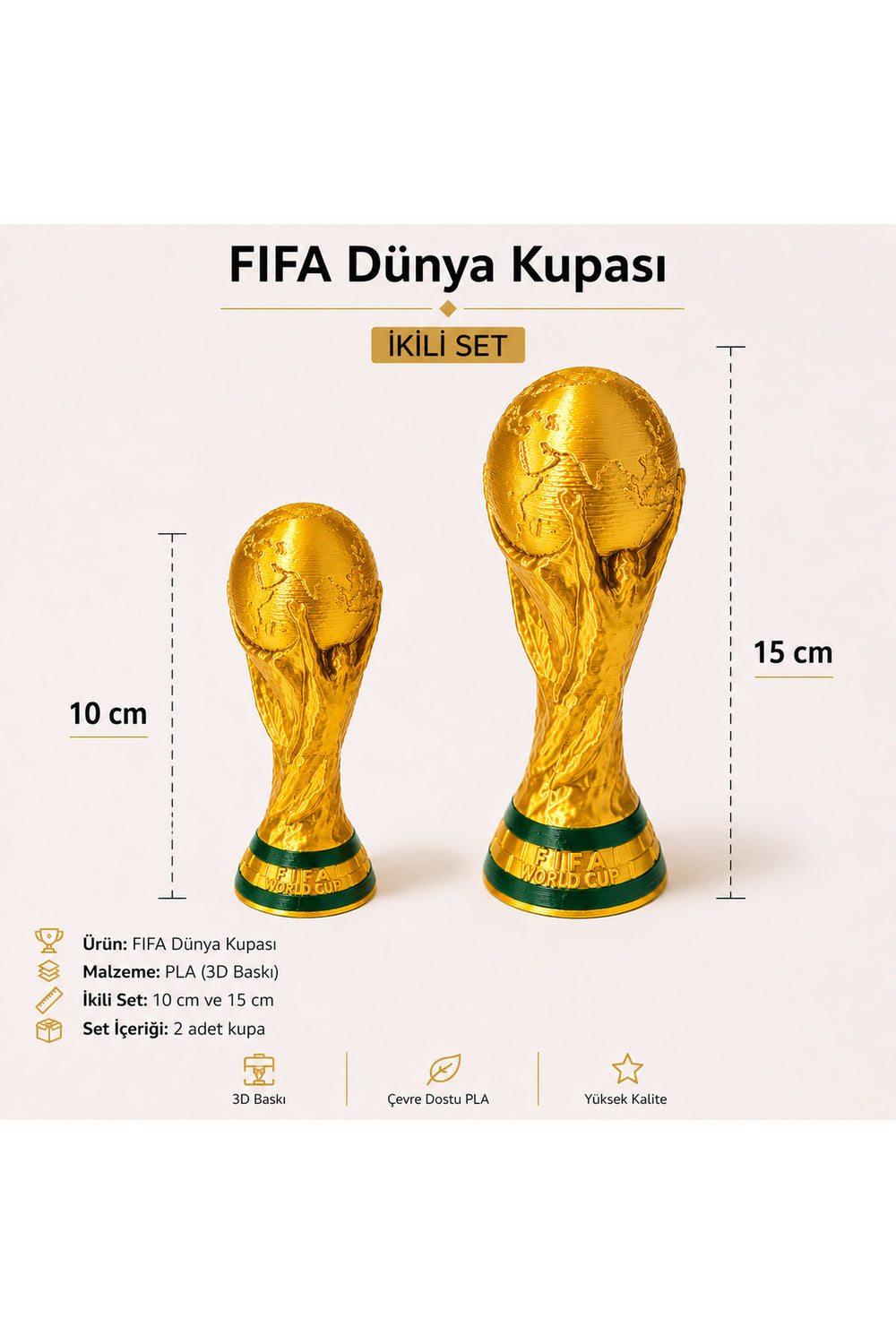 FIFA Dünya Kupası Kupa Seti 10 cm + 15 cm | 2'li Set 3D Baskı Dekoratif Kupa