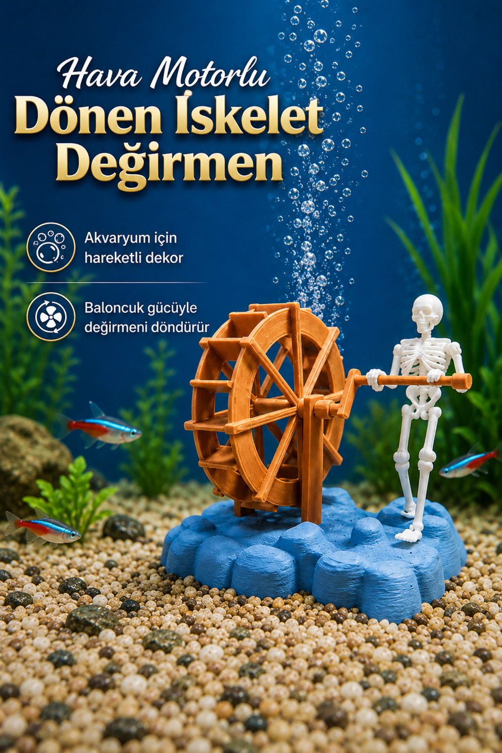 Hava Motorlu Dönen Değirmenli İskelet Akvaryum Dekoru – Baloncuklu Eğlenceli Akvaryum Süsü