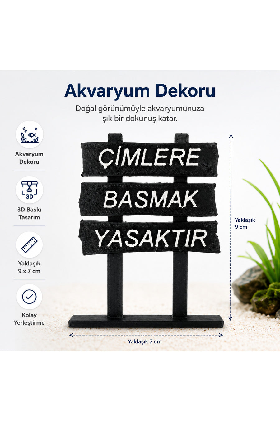 3D Akvaryum İçi 9*7 Cm Dekor, Çimlere Basmak Yasaktır-Tabela Akvaryum Süs Eşyası Dekoru