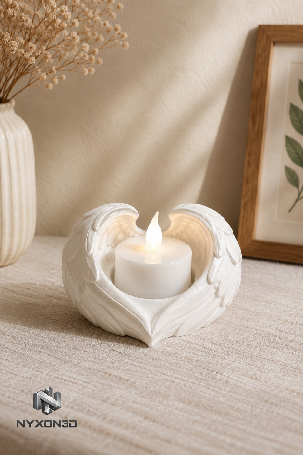 Melek Kanadı Kalp Mumluk – Dekoratif Beyaz Tealight Mumluk | Romantik Ev Dekoru | 3D Baskı