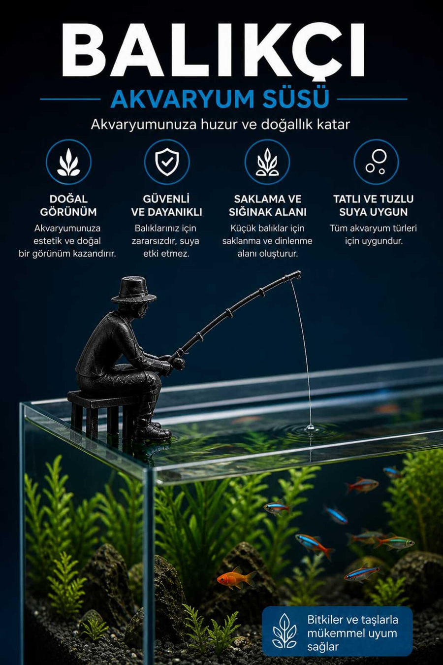 Balıkçı Adam Akvaryum Dekoru -Tabureli-Oltalı- Dekoratif Akvaryum Aksesuarı