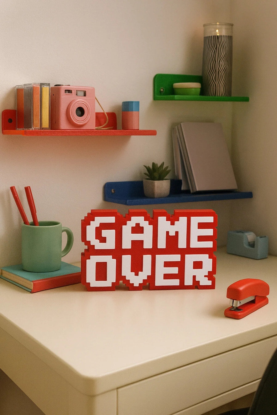 Retro Game Over Kabartmalı Dekoratif Obje - Kırmızı | Masaüstü ve Duvar Süsü | Hediye