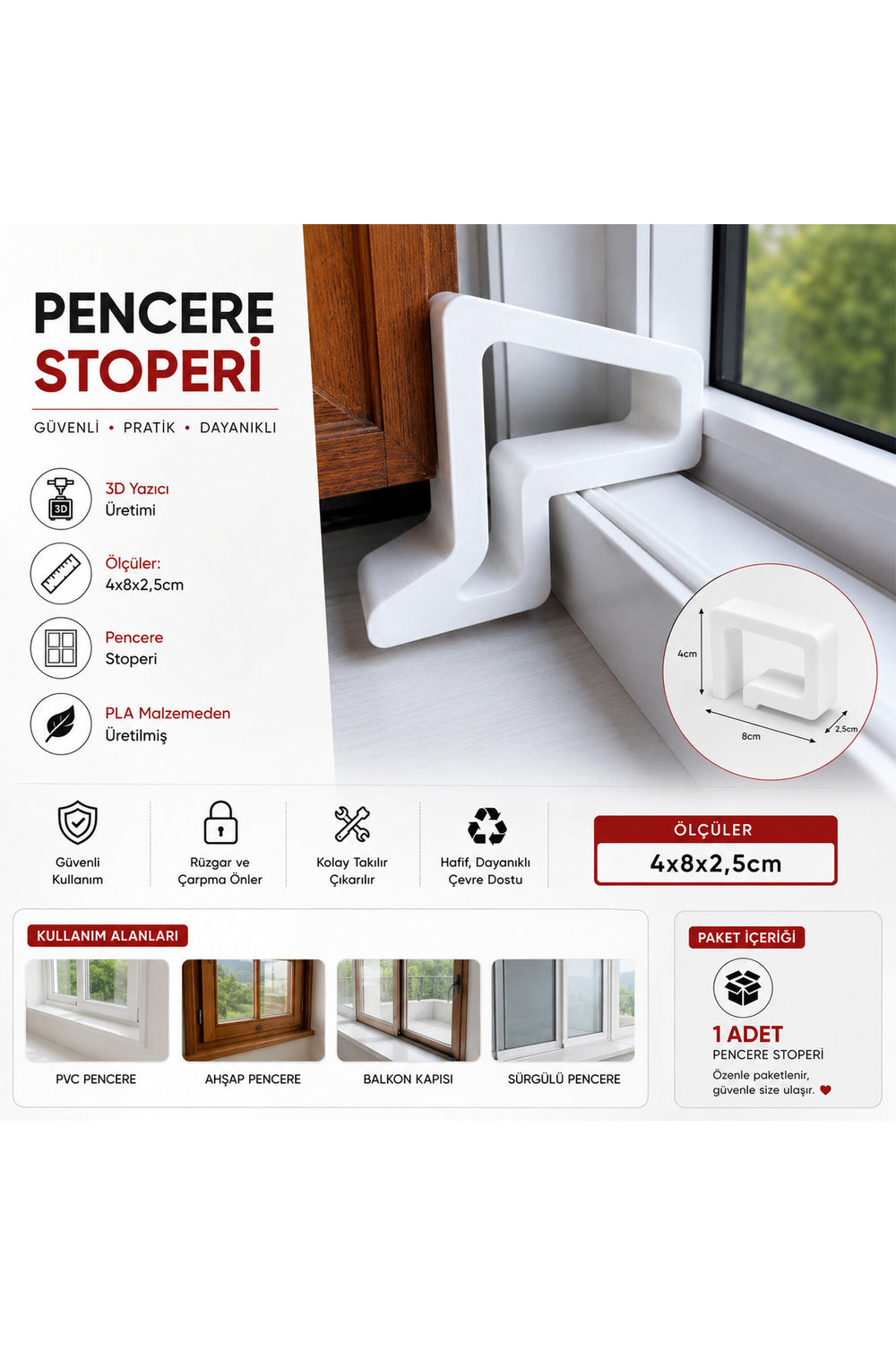 3D Baskı Pencere Stoperi PLA Malzeme | Rüzgar Önleyici Pencere Sabitleyici Aparat Beyaz