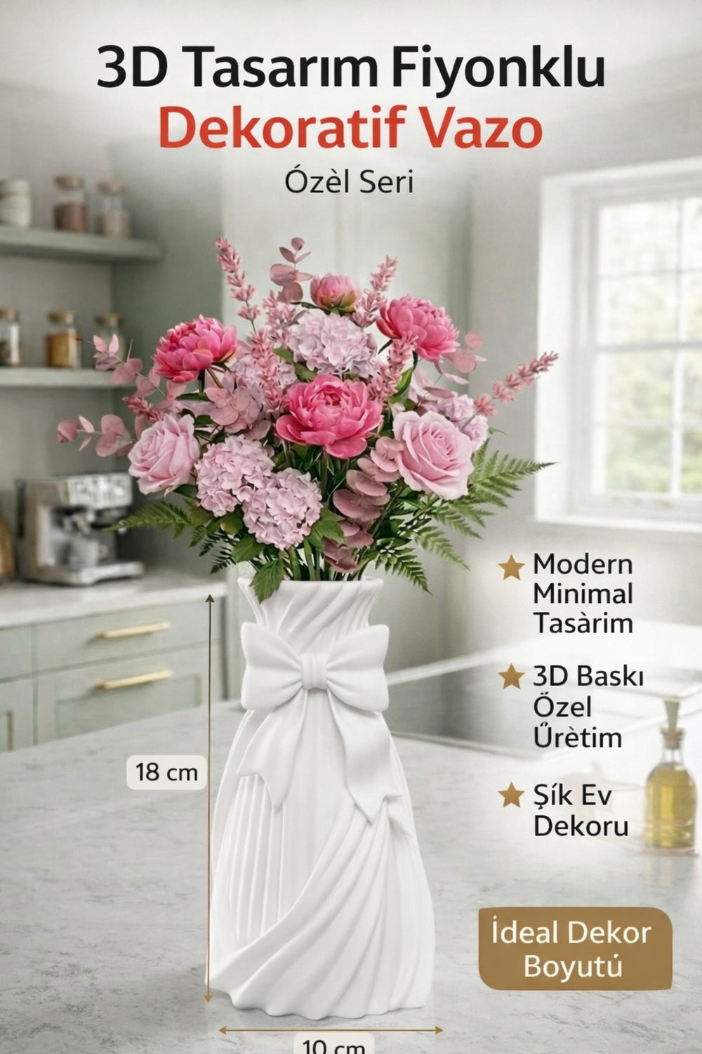3D Tasarım Fiyonklu Dekoratif Vazo – Modern Minimal Ev Dekoru 18x10
