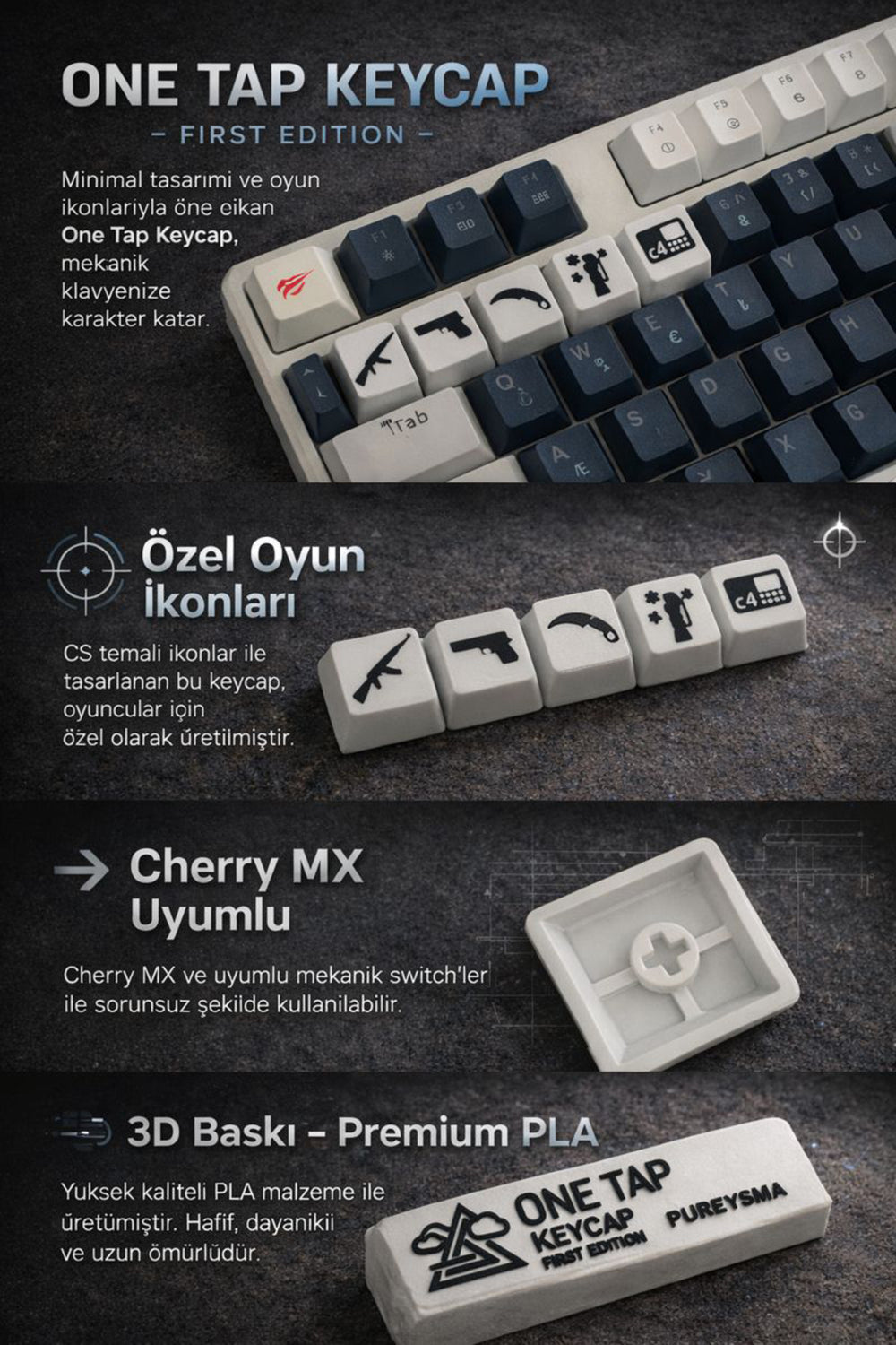 CS Temalı 5’li Oyuncu Keycap Seti – Cherry MX Uyumlu (1-5) Tuş – Siyah & Beyaz Renk Seçenekli