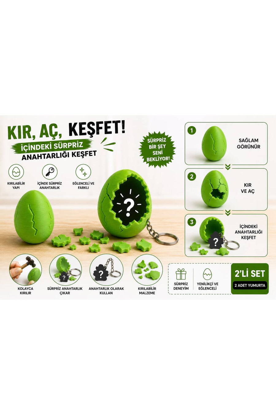 SÜPRİZ KIRILABİLİR YUMURTA ANAHTARLIK - 2'Lİ SET - 3D BASKI