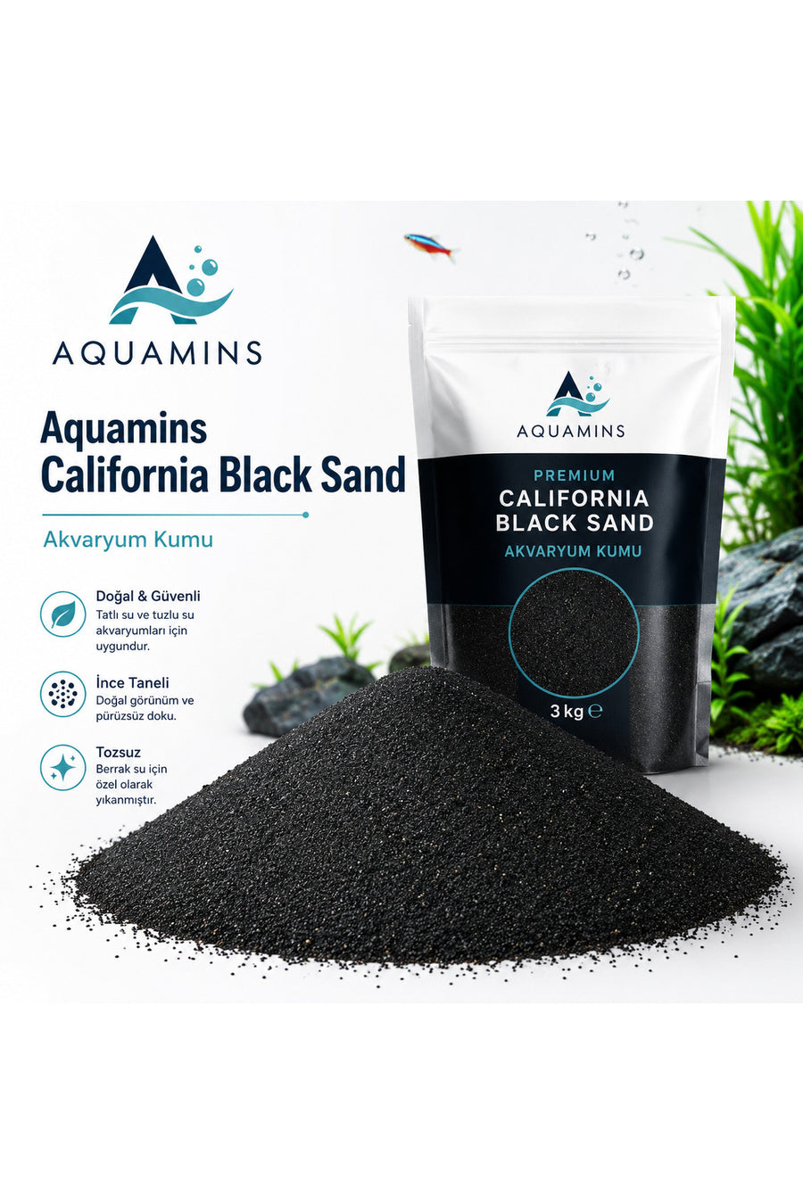 Aquamins California Black Sand 1.5mm Bitki Kumu - 1KG