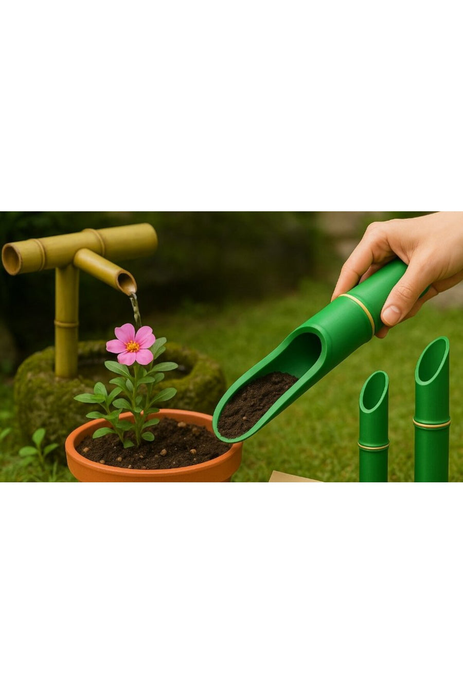 Bambu Tasarım Dekoratif Mini Bahçe Küreği ve Toprak Aktarma Aparatı - 3D Baskı Saksı Bakım Seti