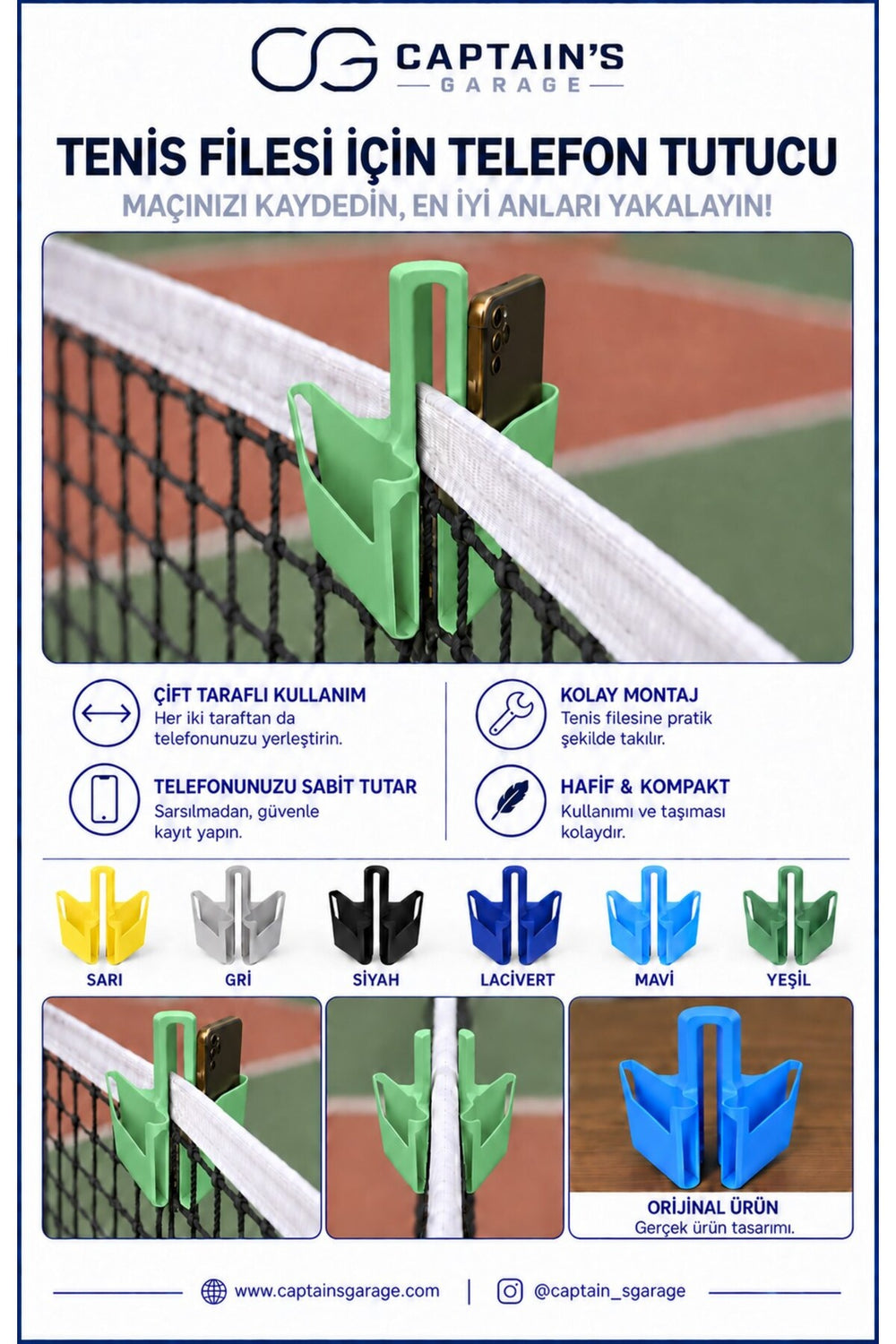 Tenis Filesi Çift Taraflı Telefon Tutucu- Maç Kayıt Standı