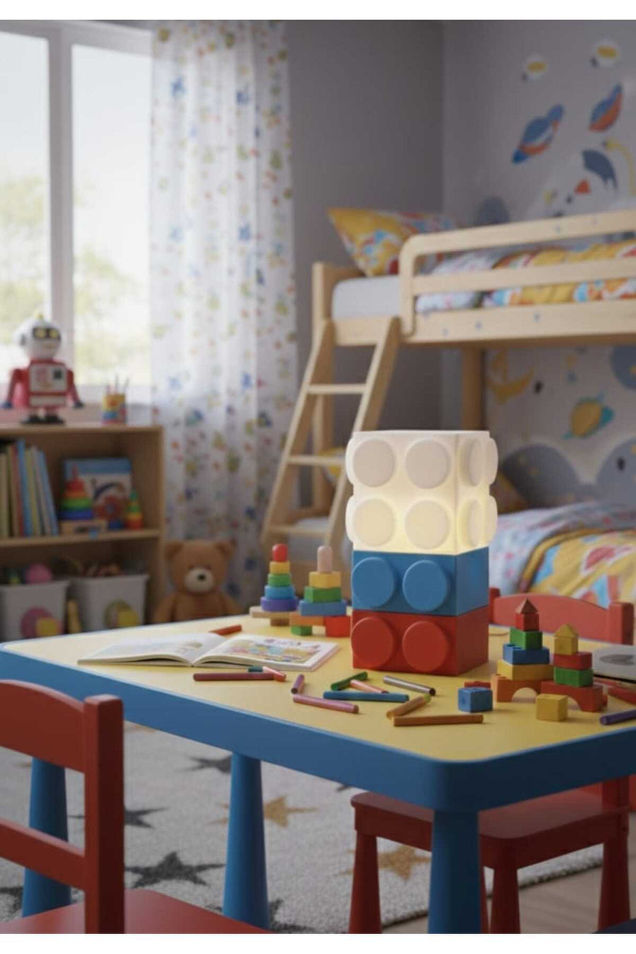 2 Blocklu Renkli LEGO Blok Lamba – Dekoratif Gece Lambası Çocuk Odası & Retro Tasarım (24 CM )