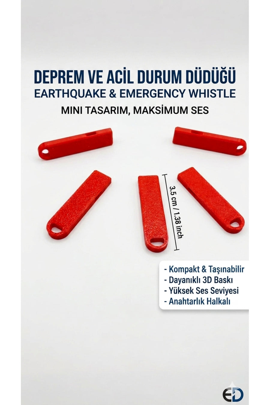 Mini Deprem Acil İmdat Düdüğü - Dayanıklı Tasarım, Taşınabilir, Güvenlik İçin (1 Adet) - Kırmızı