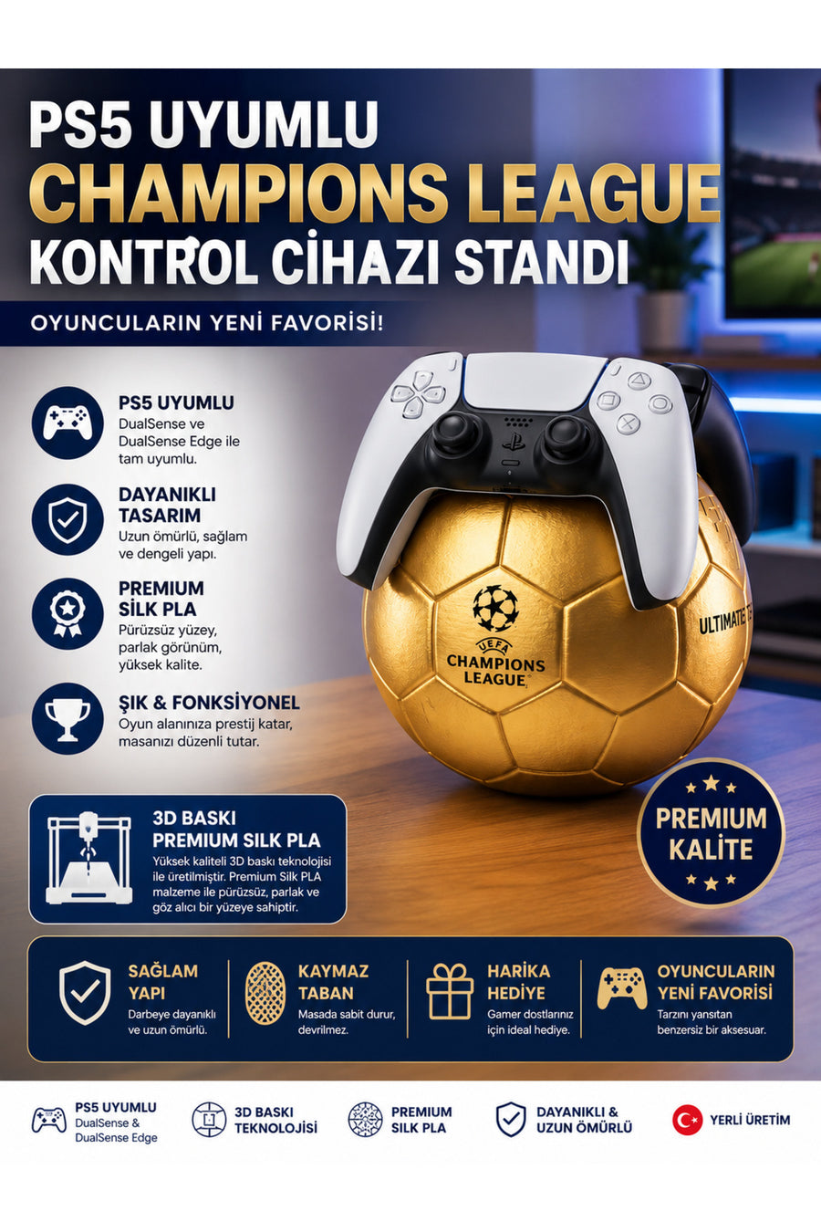 PS5 DualSense Oyun Kolu Standı | 3D Baskı Futbol Topu Kol Tutucu | Dekoratif Şampiyonlar Ligi Stand