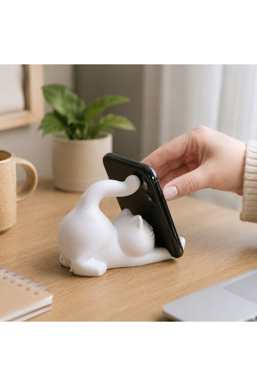 Kedi Telefon Standı Dekoratif Masaüstü Telefon Tutucu Beyaz 3D Baskı Kedi Figürü Telefon Standı