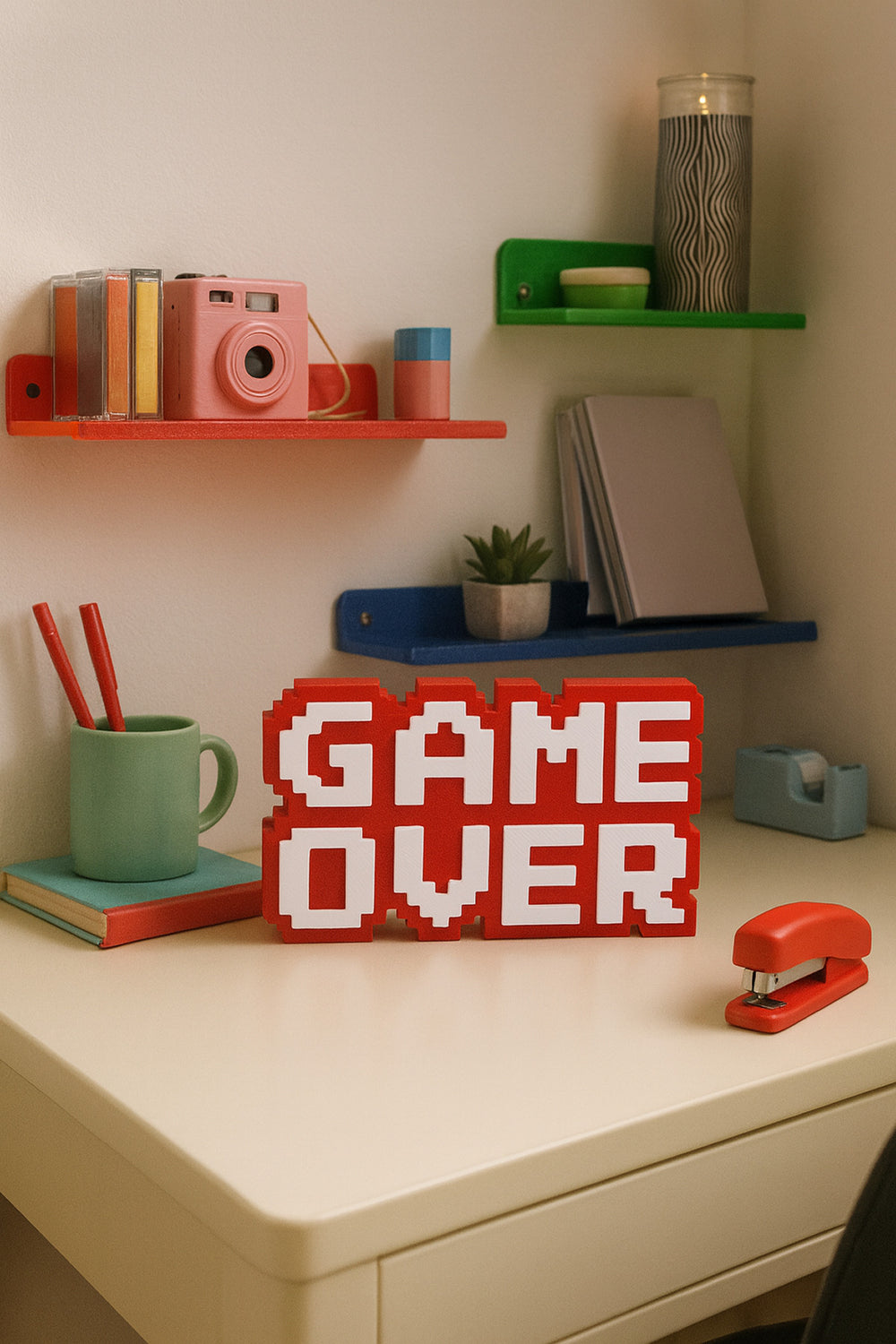 Retro Game Over Kabartmalı Dekoratif Obje - Kırmızı | Masaüstü ve Duvar Süsü | Hediye