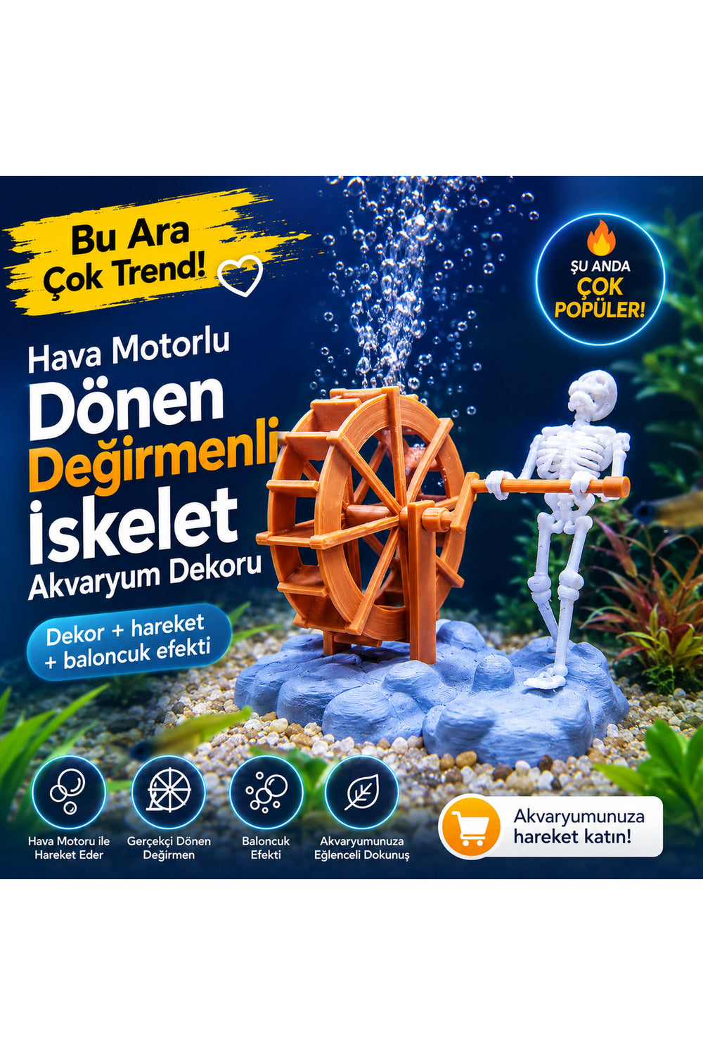 Hava Motorlu Dönen Değirmenli İskelet Akvaryum Dekoru – Baloncuklu Eğlenceli Akvaryum Süsü