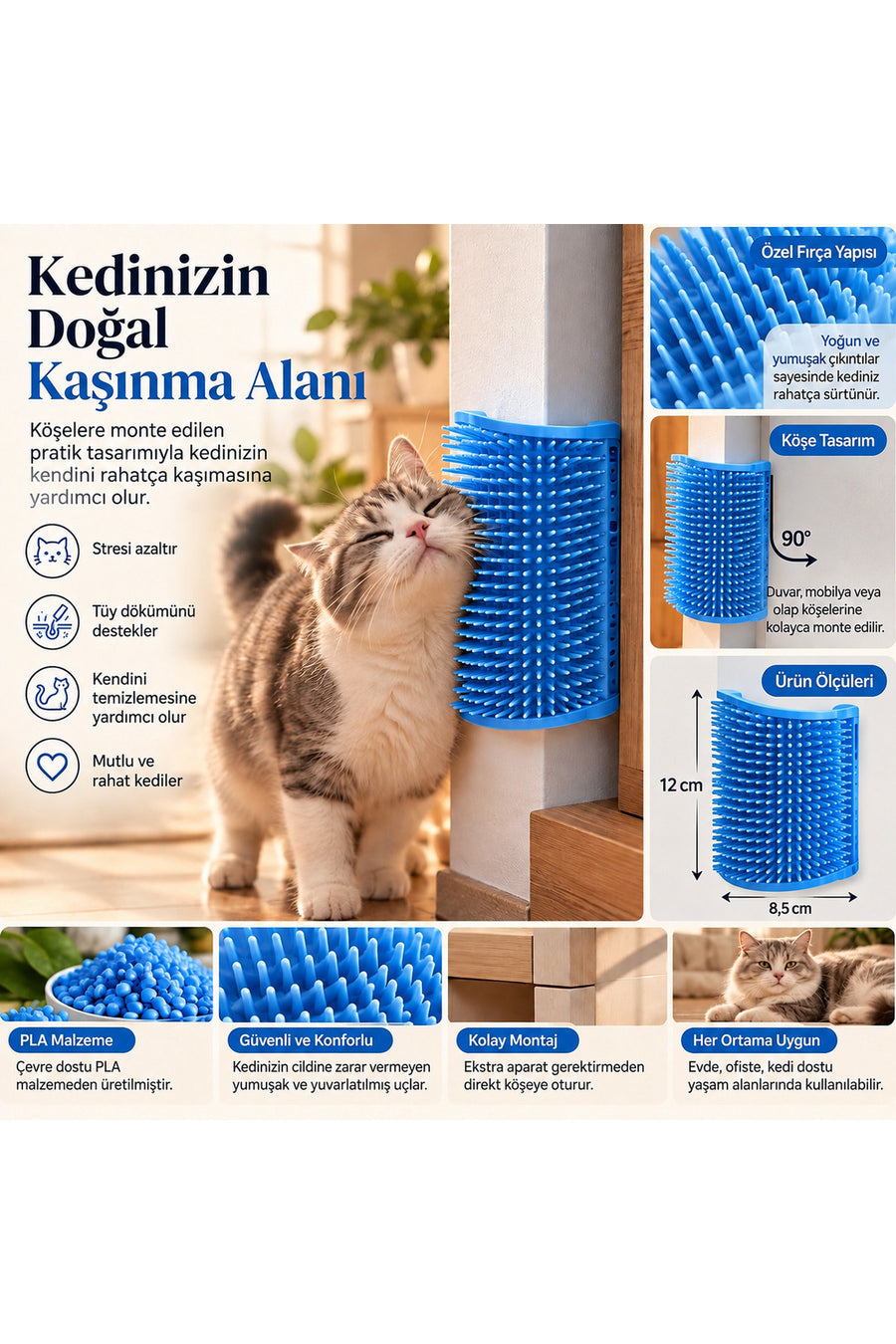 Kedi Köşe Kaşınma ve Sürtünme Aparatı – Duvar ve Mobilya Köşesi Kedi Kaşıma Fırçası – 3D Baskı PLA Beyaz