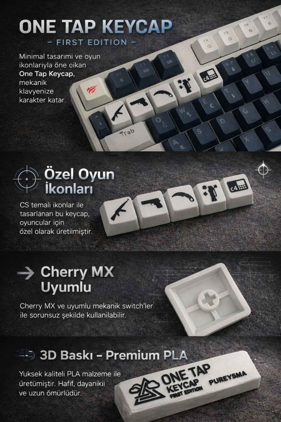 CS Temalı 5’li Oyuncu Keycap Seti – Cherry MX Uyumlu (1-5) Tuş – Siyah & Beyaz Renk Seçenekli